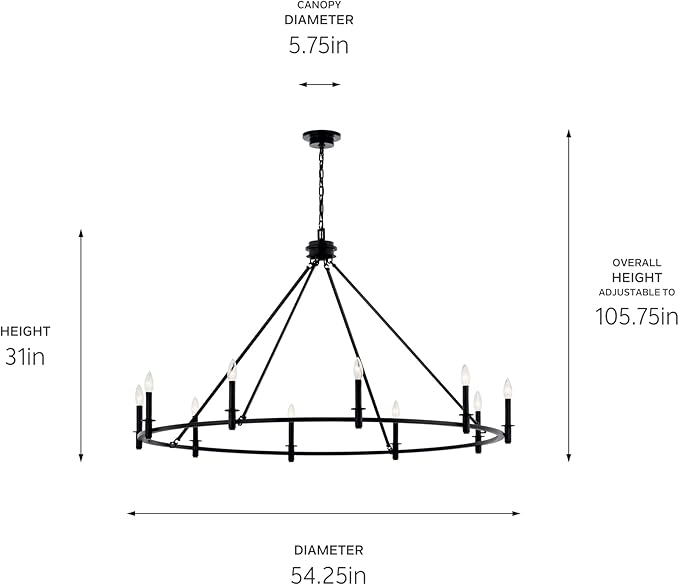 KICHLER Carrick 10-Light Chandelier, Updated Traditional Light in Black, Sloped Ceiling Compatible, for Foyer, Great Room, Dining Room or Vaulted Bedroom (31" x 54.25"), 52707BK