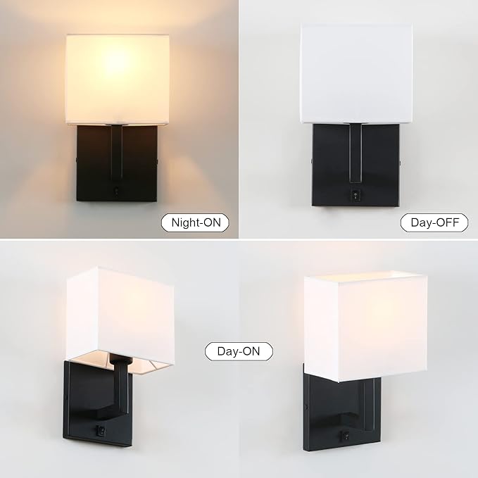 PERMO Single Wall Sconce Black Finish Light Fixture with White Textile Shades and On/Off Switch Button Small Modern Nightstand Lamps for Bedrooms Bedside Reading