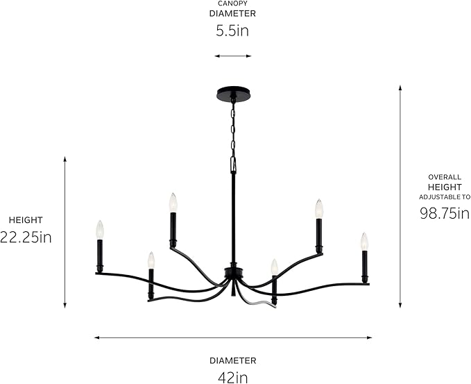 Kichler Malene 6-Light Chandelier, Updated Traditional Light in Black, Sloped Ceiling Compatible, for Foyer, Dining Room or Living Room (22.25" x 42"), 52696BK