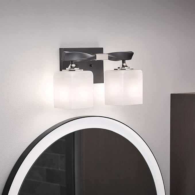 Kichler Marette 2-Light Bathroom Vanity Light, Brushed Nickel | Modern transitional vanity light with satin etched cased opal glass (13.5" x 7.75" x 13.5"), 55001NI