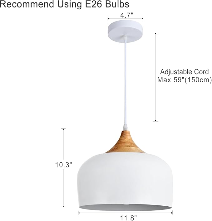 Modern Solid Wood Pendant Light,Ceiling Hanging Lamp with Dome Metal Shade,Adjustable Light Fixture for Kitchen Island,Dining Room- White