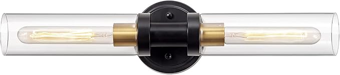 Bathroom Sconces Wall Lighting W/ Clear Glass, 2-Light Bathroom Vanity Light Fixtures, Modern Wall Lights for Mirror Living Room Hallway, Black and Gold Brushed Brass, E26 T10 Bulbs(Excluded)