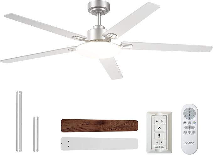 addlon 60 Inch Ceiling Fans with Lights and Remote Control, Wall Switch | Reversible DC motor, 6-speed, Timer, 3CCT Dimmable, Quiet, Silver Ceiling Fan for Bedroom, Living Room, Indoor/Outdoor Use