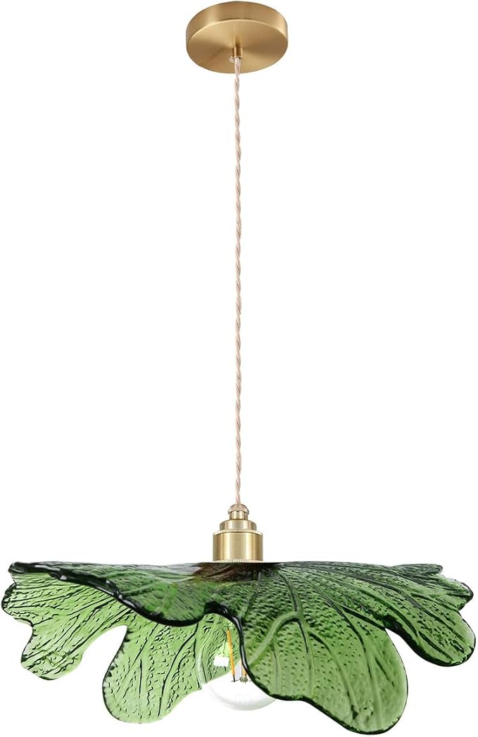 15.7" Green Glass Floral Ceiling Pendant Light Mid Century Large Hanging Light Gold Adjustable Cord Single Pendant for Kitchen Living Room Dining Table, Flower Petal Lighting