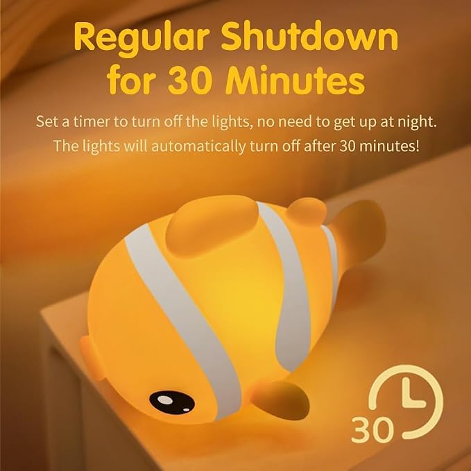 Clownfish Night Light, Rechargeable Silicone Touch Lamp, 3 Levels