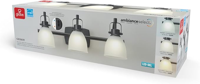Globe Electric 52090 Gilroy 3-Light 25W Integrated LED Vanity Light with Selectable Color Temperature, Matte Black, Frosted Glass Shades, 1780 Lumens, 3000K-4000K-5000K Switch, Energy Star Certified