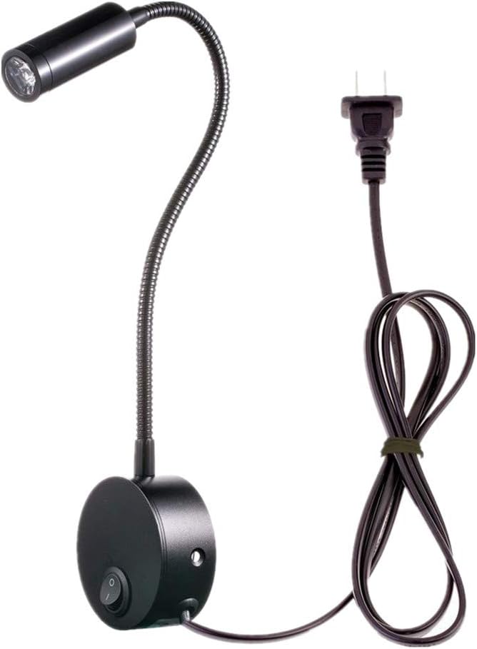 3W Wall Mounted Reading Light Flexible Gooseneck LED Sconce Lamp with Plug & Switch for Bedroom, Office, Workbench, Studio (01 Black Cool)