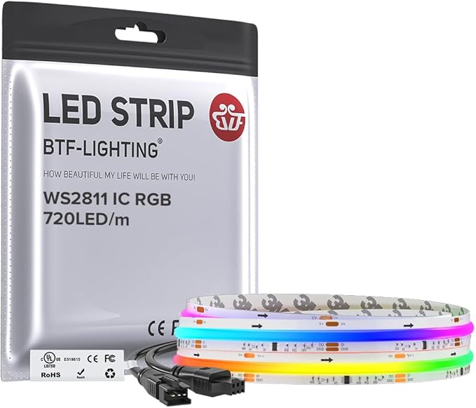 BTF-LIGHTING WS2811 Smart IC RGB FCOB COB LED Strip, UL Listed 720LEDs/m High Density Color Chasing Uniform Light, DC24V 3.28FT 12mm Width Tape Light for Home Party DIY Decor(No Adapter or Controller)