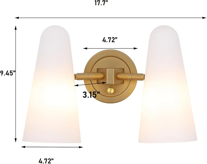 Modern 2-Lights Wall Sconces Lighting with Rotatable Frosted Milk White Glass Dimmer ON/Off Switch Gold Brass Bathroom Vanity Light Fixtures Indoor Wall Light for Mirror Living Room Bedroom