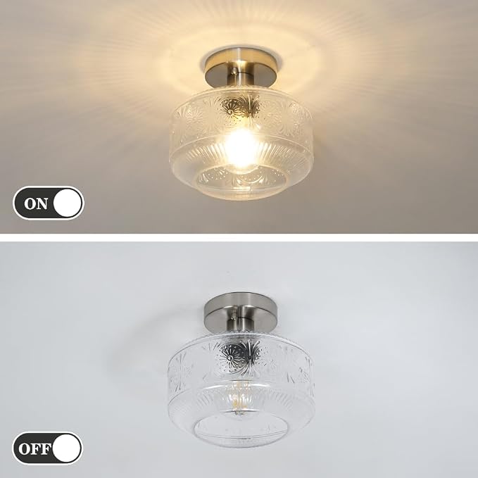 DSMJFU Semi Flush Mount Ceiling Light, Vintage Small Ceiling Light Fixture, Thickened Glass Hallway Light Fixture, Brushed Nickel Kitchen Ceiling Mount Lamp for Entry Way, Bedroom, Bathroom