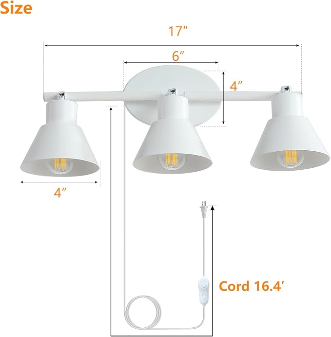 3 Light Plug in Track Lighting Kit,Modern Plug in Ceiling Light Fixture,16.4ft Cord,3 Way Ceiling Spot Lighting,Flexibly Rotatable Light Head (White)