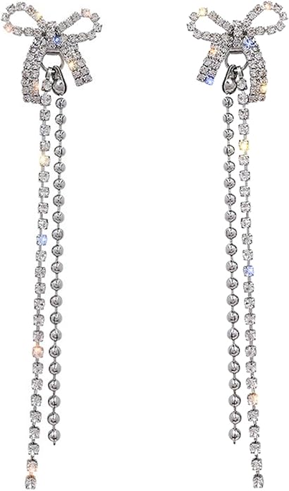 Luxval Rhinestone Earrings Dangling for Women Sparkly Silver Dangle Earrings Girls Long Chandelier Earrings Tassel Lightweight Ear Studs Cubic Zirconia Crystal Statement