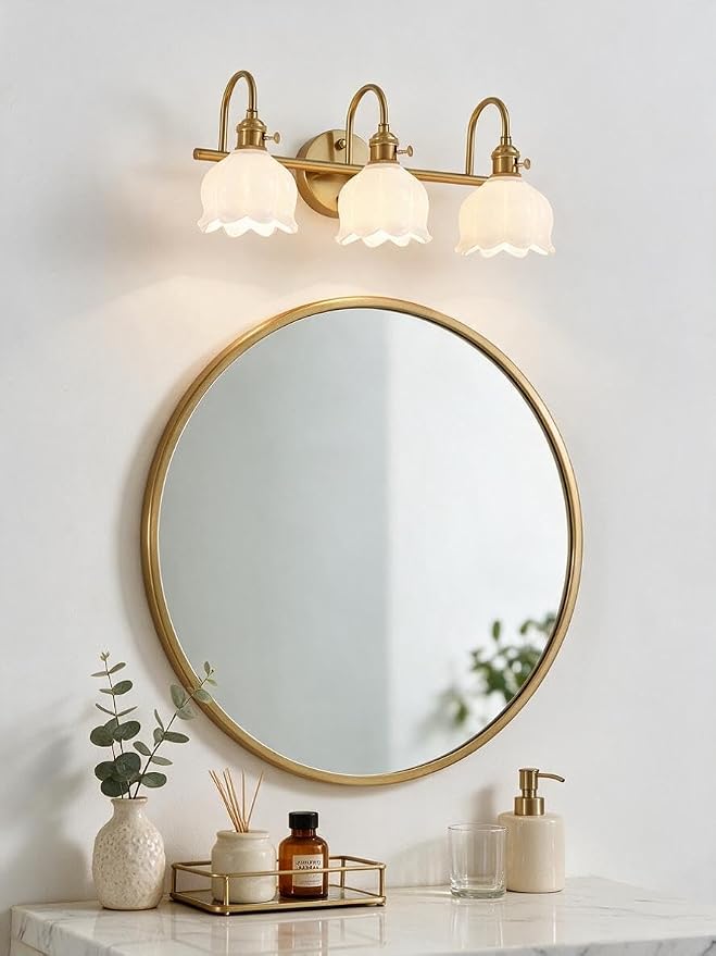 Bathroom Light Fixtures, 3-Light Brass Vanity Wall Light with Amber Tulip Glass Shades, Vintage Wall Sconce Over Mirror for Bathroom, Bedroom, Living Room (Bulbs Not Included) (White, 3-Light)