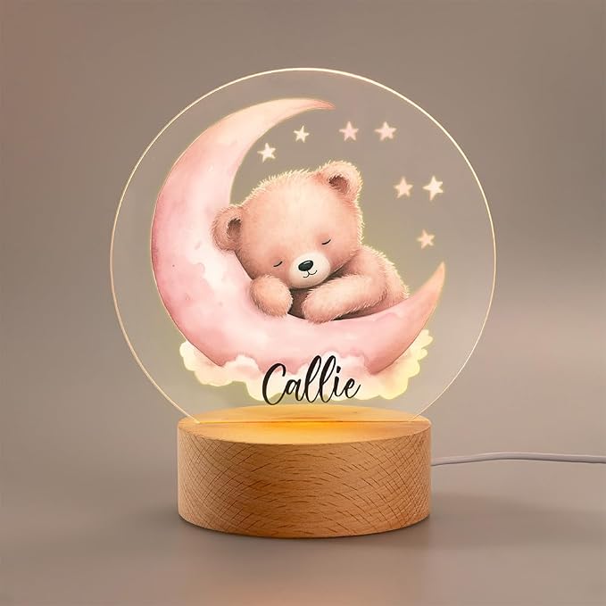 Personalized Bear Night Light - Custom Name, Cute Acrylic LED Light Lamp with Wooden Base for Bedroom Decor, Gifts for Kids Girls Boys