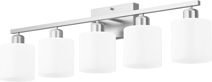Bathroom Lights Over Mirror Brushed Nickel, Anti-Rust 5-Light Bathroom Vanity Light Fixtures, Modern 28.34Inches Wall Sconces E26 Base, Milky White Glass Shades, Bulbs Not Included