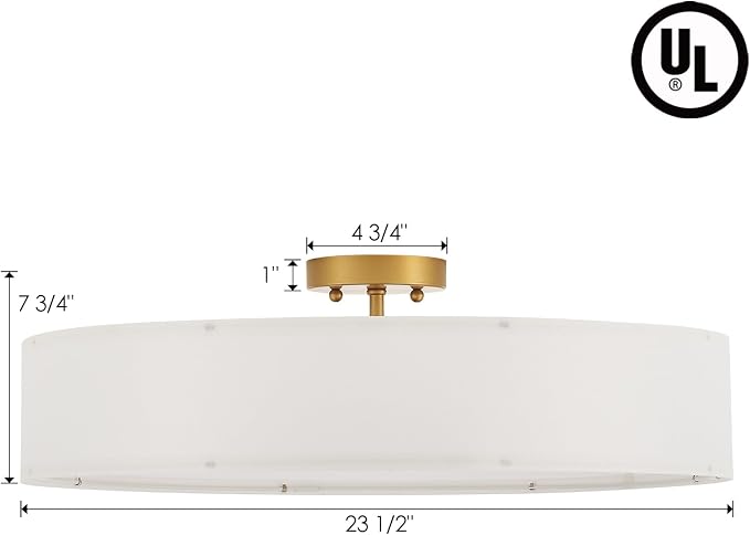 VILUXY Gold Semi-Flush Mount Ceiling Light Fixture with 24" Large White Fabric Drum Shade 5-Light for Bedroom Dining Room Entryway Round Ceiling Lamps