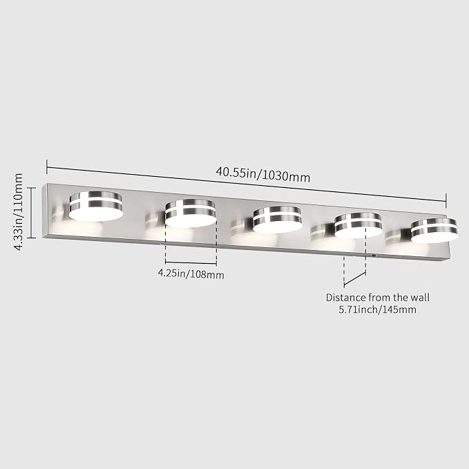 LED Brushed Nickel Bathroom Vanity Lights 5 Light 40.55in | 30W LED Bathroom Light Fixtures Over Mirror, with 360° Rotating Lamp Head, 5CCT Dimmable, Dimmer Switch Not Included