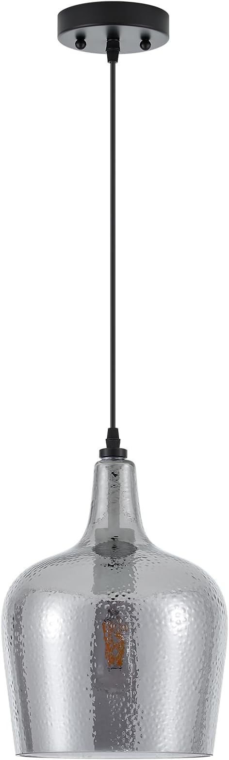 10” Large Hammered Glass Pendant Light Modern Smoky Black Dome Pendant Lighting Fixtures for Kitchen Island Dining Room Hallway, UL Listed