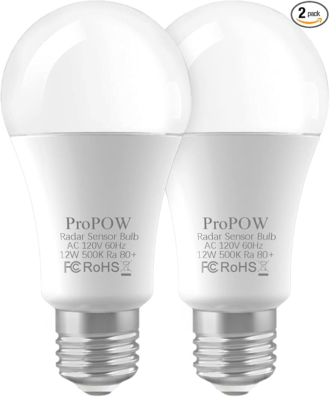 Radar Motion Sensor Light Bulbs, A19 12W (100 Watt Equivalent) Daylight E26 Outdoor Auto on/Off Motion Detector Lights for Outside, Porch, Garage, Driveway, Patio,(1100LM, 2-Pack)
