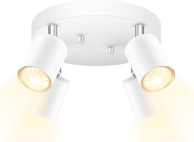 AUQUEE LED 4 Light Track Lighting Kit, LED Track Lighting Fixtures, White Round Ceiling Spot Lighting, Flexibly Rotatable Light Head for Kitchen, Living Room, Bedroom, GU10 Bulb Not Included