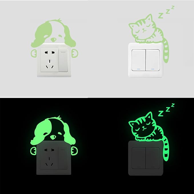 4 Pcs Cute Cartoon Switch Labels cat & Dog Puppy,Glow in The Dark Light Switch Cover Set,Light Switch Labels Stickers for House, Luminous pet Wall Decals for Bedroom,Art Mural Paste