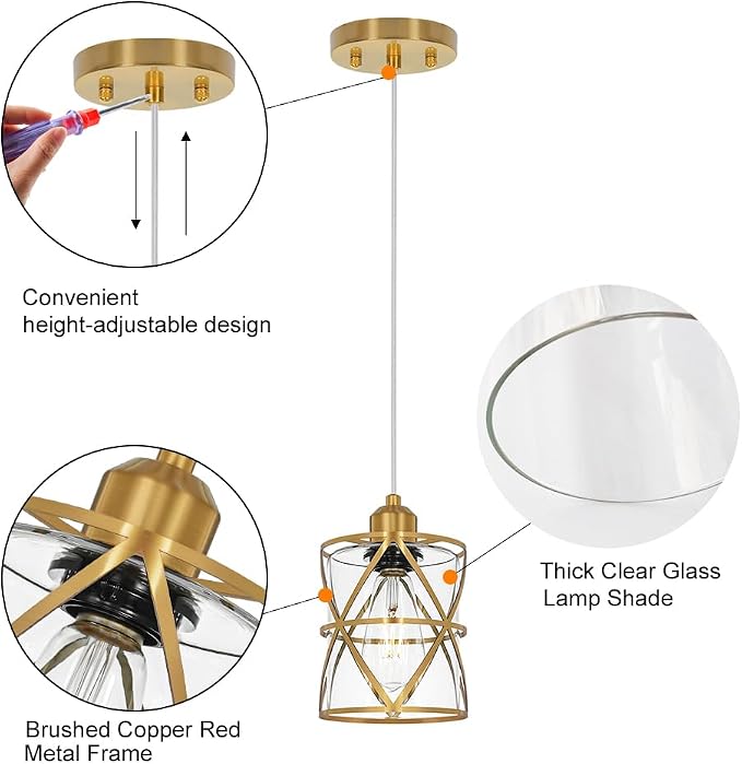 Gold Pendant Lights Kitchen Island Set of 2 , Adjustable Hanging Lights with Clear Glass, Industrial Ceiling Pendant Light for Hallway, Decor, E26 Base - 5.51''Shade,59.06'' Cord(Bulbs Not Included)