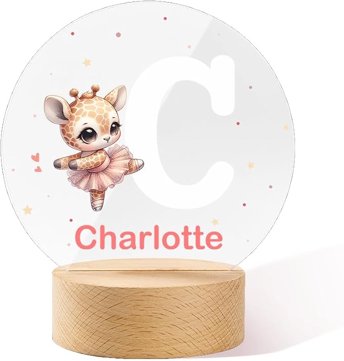 Personalized Ballet Cartoon Animal Night Light, Custom Name LED Light with Wooden Base Nursery Decor Gift for Kids