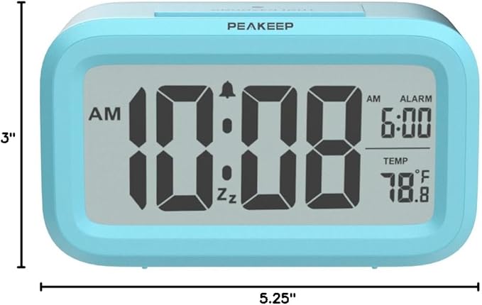 Peakeep Night Light Digital Alarm Clock Battery Operated with Indoor Temperature, Desk Small Clock (Blue)