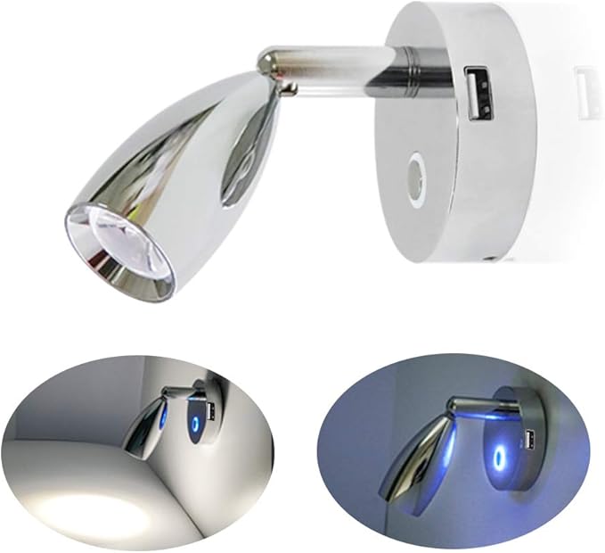 THALASSA RV 12V RV Reading Light with USB Port & Touch Dimmer Switch with Blue Night Light Mode, Polished Chrome Wall Sconce for 10V-30V System of Caravan Motorhome Trailer Camper Van