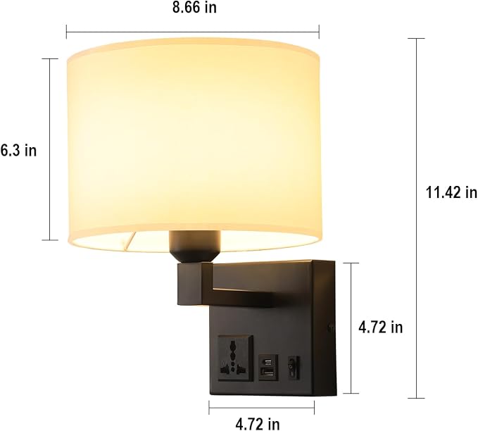 Plug in Wall Sconce, Wall Lamp with Black Base Cylindrical Shape | Wall Lamps for Bedroom Living Room Hotel, Dimmable 1pcs Bulb Included, Bedside Lamp with AC Outlet & USBA+C Charging Port