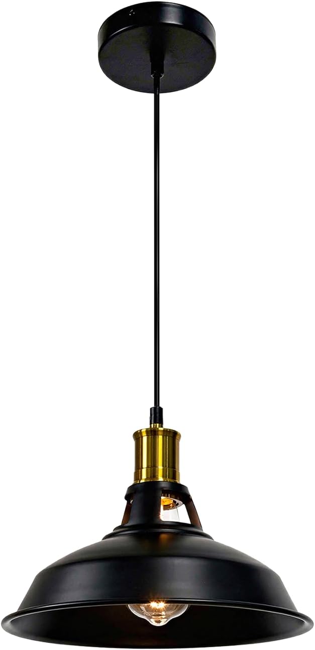 Pendant Lighting, Farmhouse Hanging Light Fixture for Kitchen Island & Dining Room, Industrial Vintage Ceiling Lamp with E26 Base, Adjustable Height, Black & Gold, 1-Pack