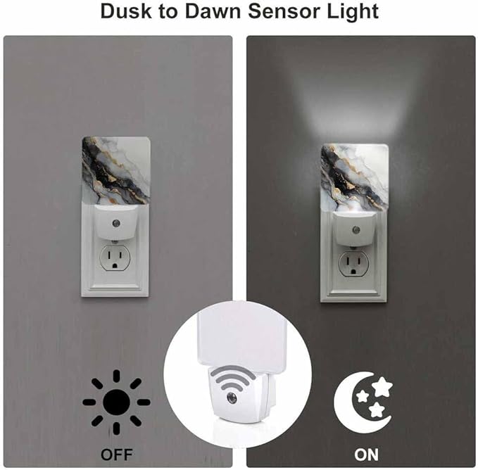 Marble Texture Night Lights Plug into Wall Ink Painting Black with Gold Accents Night Light with Dusk to Dawn Sensor for Home Bedroom Bathroom Living Room 0.5W Sleep-Friendly