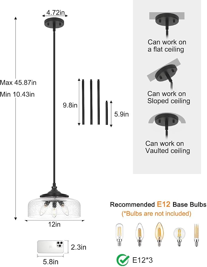 Black Vintage 3-Light Pendant Lights Kitchen Island, Adjustable Height Kitchen Island Lighting, Bathroom Pendant Light with Bubble Glass Shade- Dual Mount Ceiling & Hanging Fixtures with 90° Swivel
