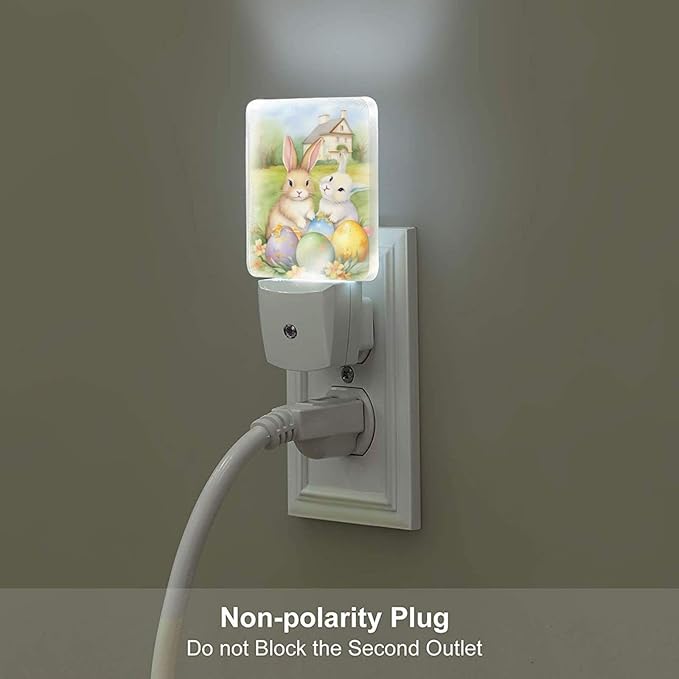Vintage Easter Bunnies Eggs Soft Night Light Set of 2, Rabbits Auto Sensor LED Dusk-to-Dawn Nightlights, Plug-in Sensor Lamp for Bedroom Bathroom Kitchen Hallway Stairs Decorative