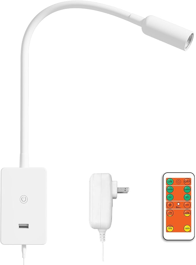 ENUOTEK LED Wall Mounted Reading Light, Bedside Book Lights with Wireless Remote Control for Bed, Flexible Bedroom Spot Lamp, Dimmable Neutral White 4000K Lighting, Timer Function, 5V 2A USB Output
