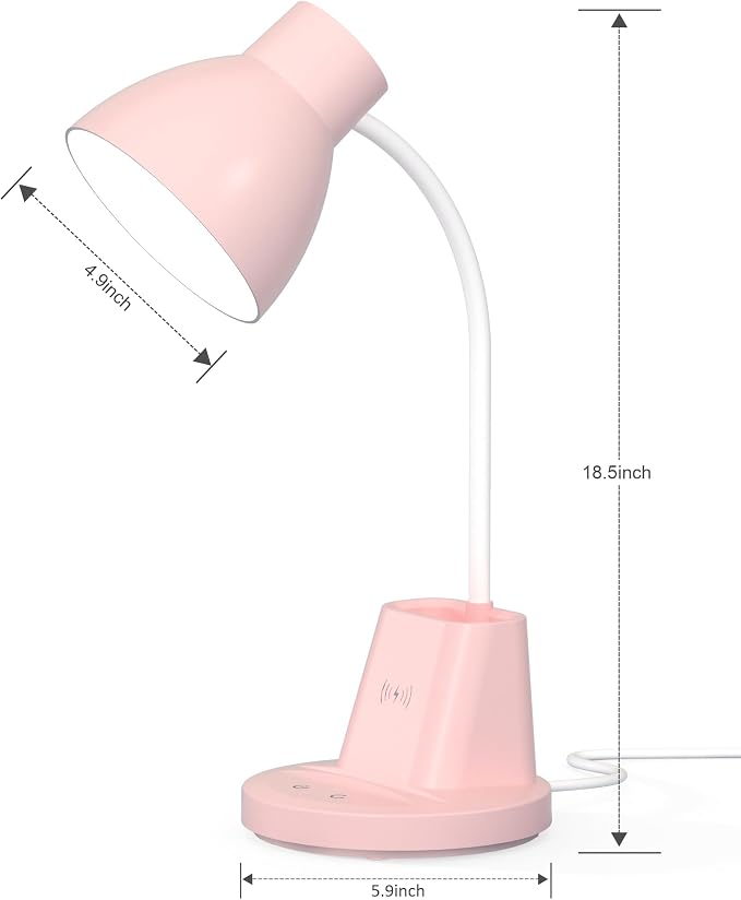 10W Wireless Charging LED Desk Lamp with Pen Holder, CRI 95, Pink | 800LM, 3 Modes, 360°Flexible Arm, Touch, Brightness, Table Lamp for Home Office, Dorm, Bedside, Study, Reading, with Adapter