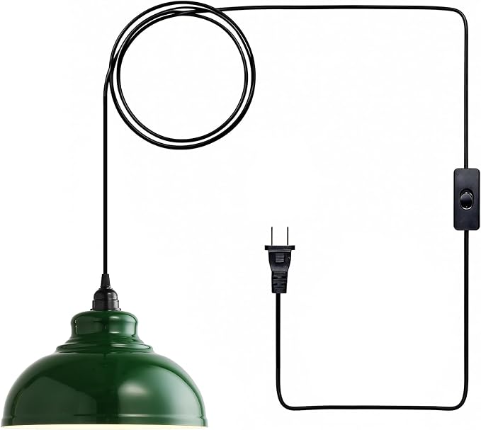 XZHGCEE Plug in Pendant Light: Green Hanging Lamp Plug in, 14.7ft Swag Lamp Cord with On/Off Switch for Kitchen Island/Dining Room/Bedroom/Living Room Hanging Light, No Bulb