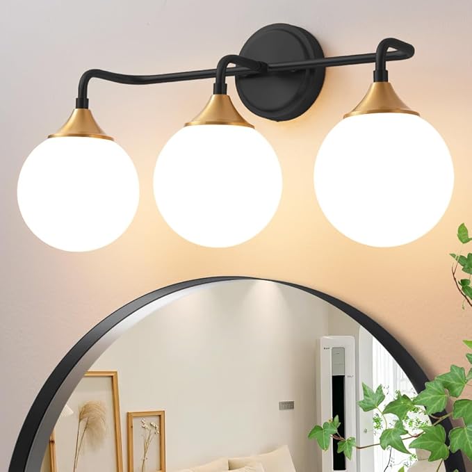 Bathroom Light Fixtures, Black Gold Bathroom Vanity Lights Over Mirror, Modern Farmhouse Wall Sconce Lighting 3-Light with Milk White Glass Ball Shades