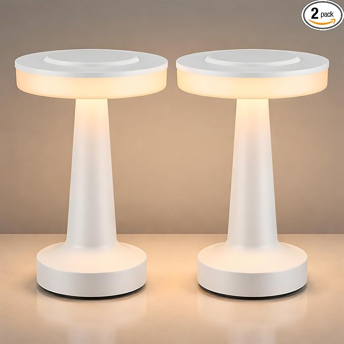 Riakrum 2 Pcs White LED Portable Cordless Table Lamp Bulk with Touch Sensor 3 Color Stepless Dimming Rechargeable Battery up to 15 Hours Cordless Table Light Wireless Lamp Wedding Home