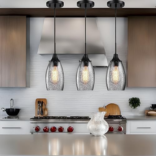 Viinew Mini Glass Pendant Light,3-Pack Black Glass Hanging Light | Handblown Black Seeded Art Glass Shade Ceiling Light 4.72" Hanging Pendant Light for Kitchen Island,Dining Room
