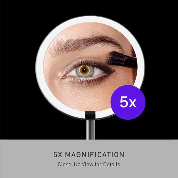 simplehuman Sensor Mirror Fold, 5'' with 5X Magnification, Round Rechargeable Travel Makeup Mirror, Tru-Lux® Full-Spectrum Light, Adjustable Brightness & Height, Brushed Stainless Steel