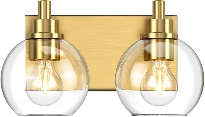 IZORRO Bathroom Light Fixtures, 2-Light Brushed Gold Vanity Light, Modern Wall Sconces with Globe Clear Glass Shade, Vanity Lighting Fixtures Over Mirror,E26 Bulb Socket