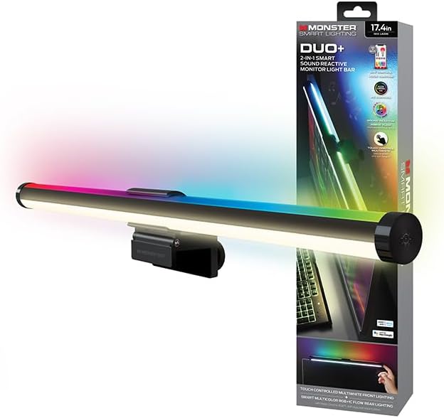 Monster Duo Monitor Light Bar: Reduce Glare, Enhance Comfort, Boost Style, Level Up Your Gaming Atmosphere — 2-in-1 RGBIC & Multiwhite LED, App Voice Touch Control, Alexa Google Razer Chroma