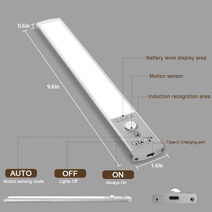 2 Pack Motion Sensor Under Cabinet Lights, 52 LED Rechargeable Closet Light with 3 Color Temps & Stepless Dimming, 1500mAh High Capacity Wireless Magnetic Light for Kitchen, Pantry, Wardrobe
