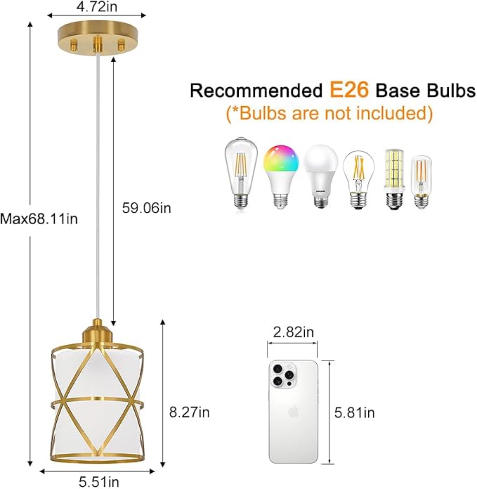Brushed Gold Pendant Lights for Kitchen Island Set of 2, Pendant Lights Kitchen Island with Frosted Glass Shade, Modern Bathroom Pendant Lighting for Foyer, Dining Room, Entryway - Adjustable Height