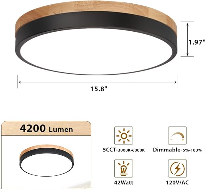 15.8 inch Wood LED Flush Mount Ceiling Light Fixture,42W 4200LM,3000K/3500K/4000K/5000K/6000K CCT Selectable,Close to Ceiling Dimmable Round Flat Panel Light for Bedroom,Hallway,Kitchen,Black
