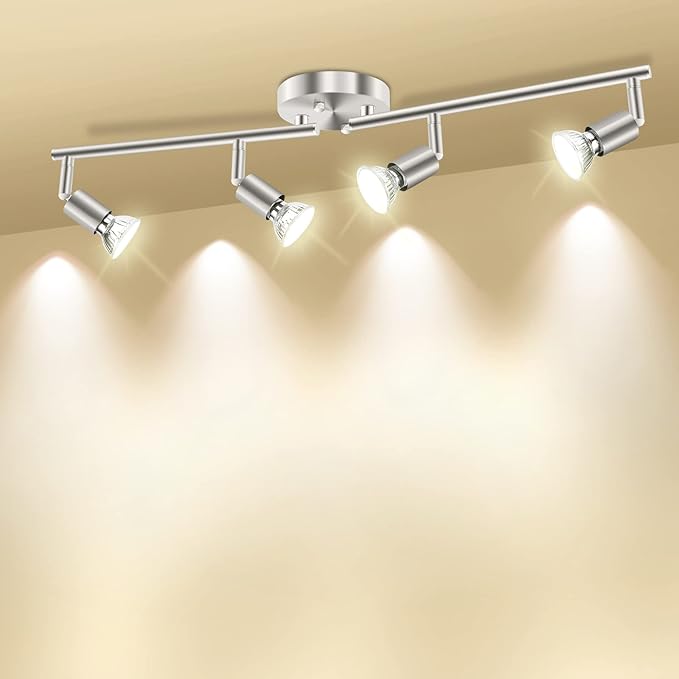 HURYEE Track Lighting Kit, 4 Head Foldable Ceiling Spot Light with GU10 Socket for Kitchen Hallyway Bedroom Fixture Directional Accent Lamp