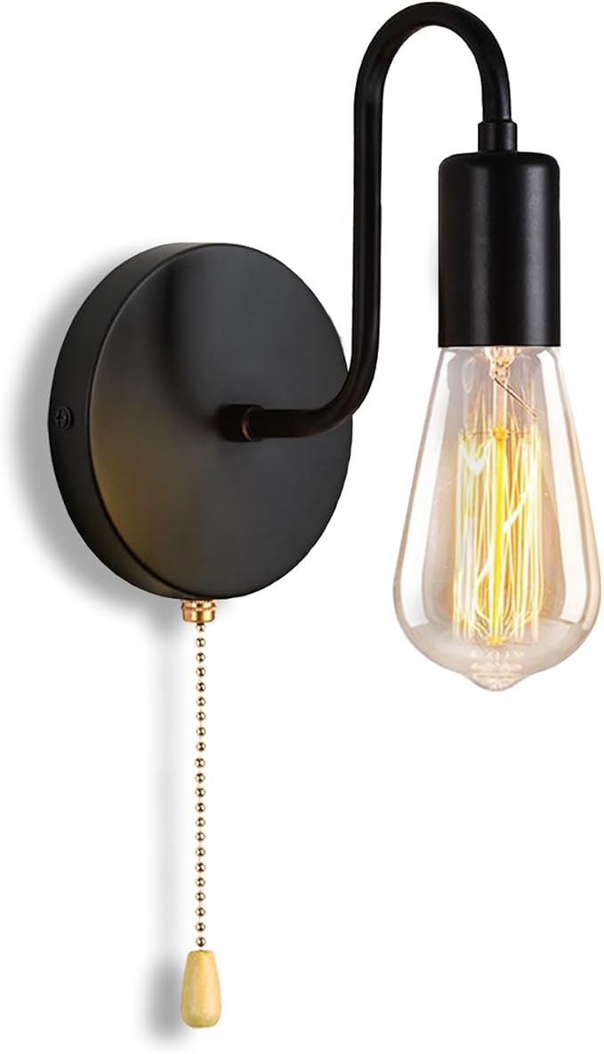 Pull Chain Wall Light Fixture 1-Light Wall Sconce with On Off Switch Hardwired Black Wall Sconces Indoor Vintage Industrial E26 Wall Lighting for Bedroom Hallway Bathroom, Bulb not Included