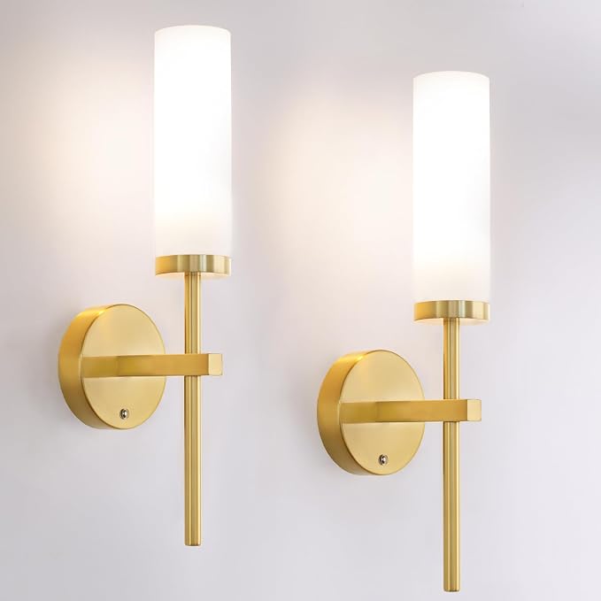 Shenmoyl Battery Operated Wall Sconces Set of 2, Gold Rechargeable Wall Lighting Fixtures, Dimmable Wall Lights with Remote & Opal Glass Shade for Living Room, Bathroom,Bedroom