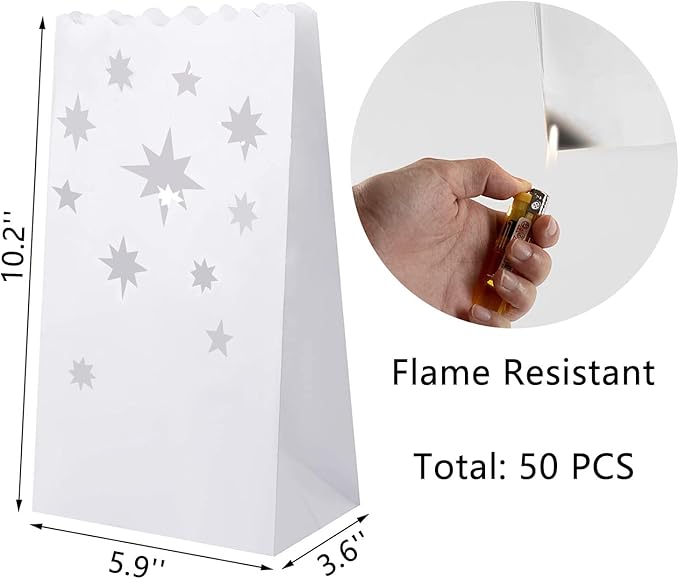 White Paper Luminary Bags - 50-Pack Candle Lantern Bags, Fire-Retardant, Star Luminaries for Christmas, Weddings, Birthday Party Valentine's Day Decoration, 5.9 x 10 x 3.5 Inches